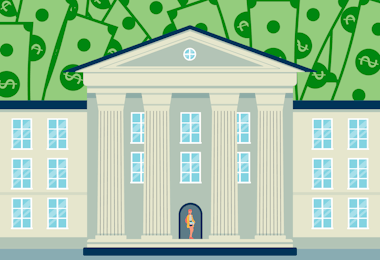 Graphic of a educational institution with money in the background