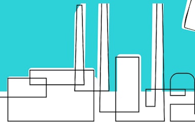 A graphic illustration of a person holding a sign in front of a factory.