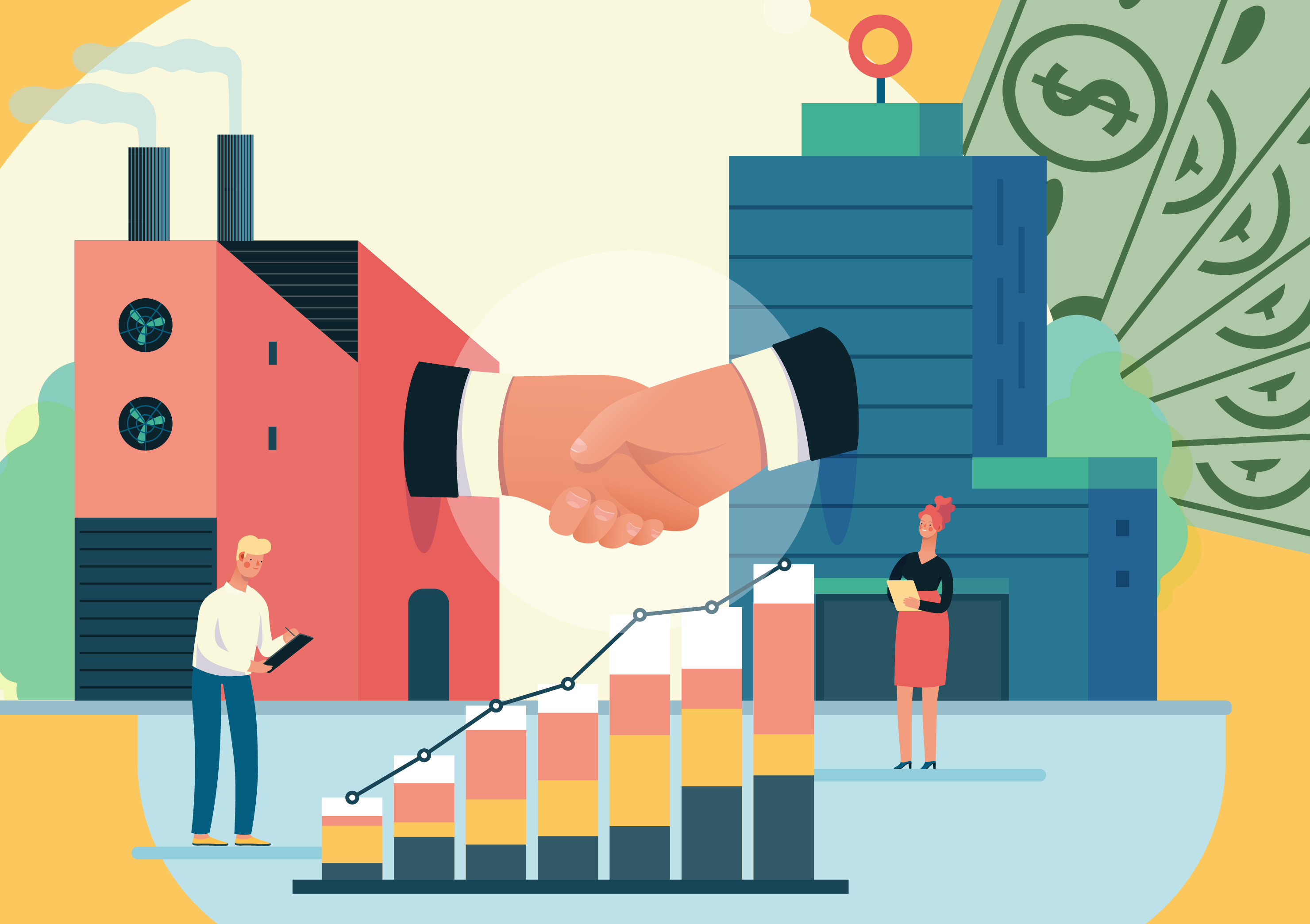 Graphic Illustration of an industrial setting with elements of business.