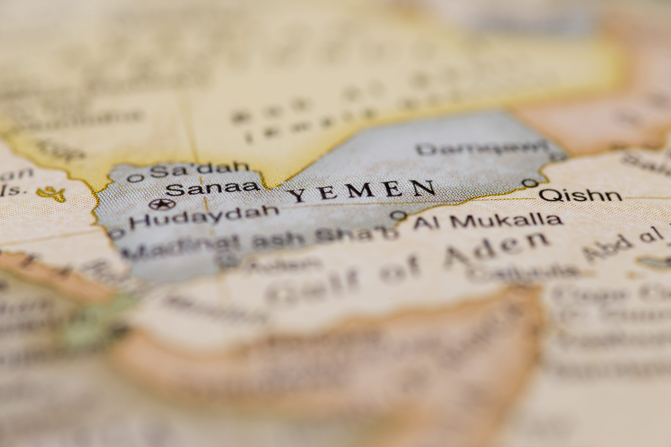 Macro of Yemen on a globe, narrow depth of field