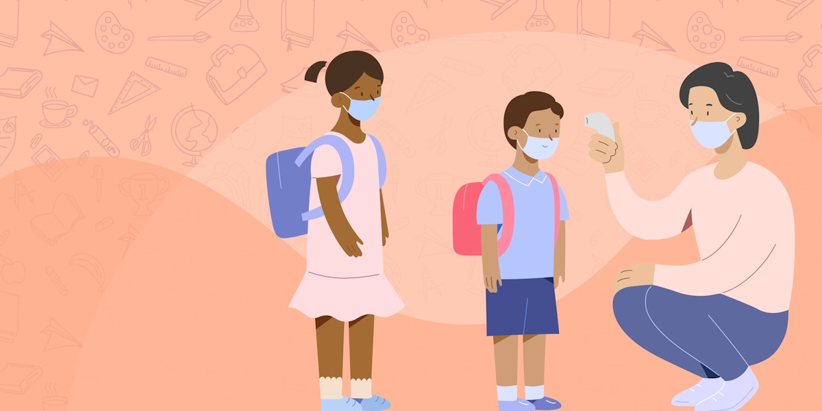 A vector graphic of children getting their temperatures checked