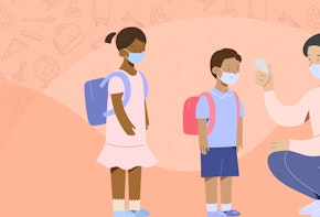 A vector graphic of children getting their temperatures checked