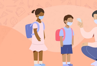 A vector graphic of children getting their temperatures checked