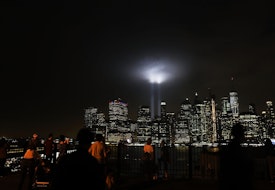 NEW YORK, NY - SEPTEMBER 11:  The 'Tribute in Light' memorial lights up lower Manhattan near One World Trade Center on September 11, 2018 in New York City. The tribute at the site of the World Trade Center towers has been an annual event in New York since March 11, 2002.Throughout the country services are being held to remember the 2,977 people who were killed in New York, the Pentagon and rural Pennsylvania in the terrorist attacks on September 11, 2001.  (Photo by Spencer Platt/Getty Images)
