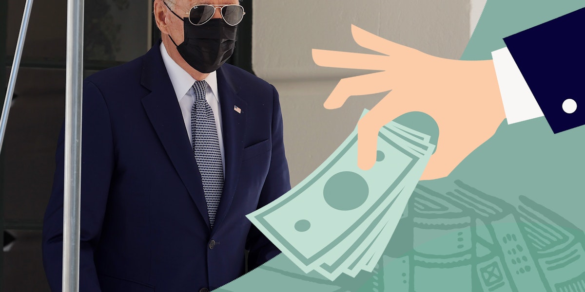 Photograph of Biden with a kn95 mask, and a graphic of a hand with money