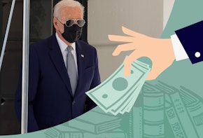 Photograph of Biden with a kn95 mask, and a graphic of a hand with money