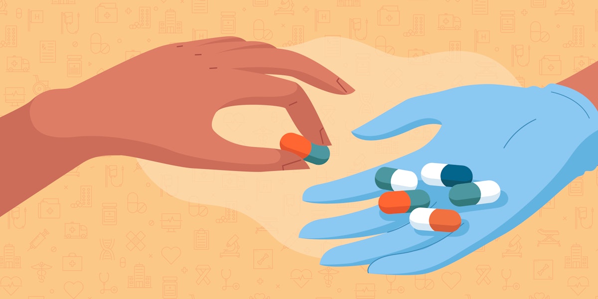 A graphic illustration of a hand placing a capsule into the hands of another person
