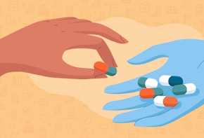 A graphic illustration of a hand placing a capsule into the hands of another person