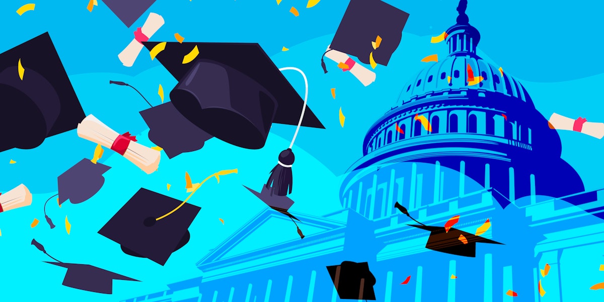 Vector illustration of graduation caps tossed into the air.
