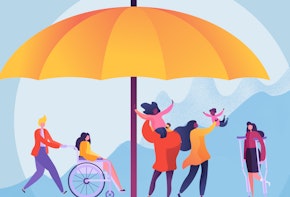 A graphic illustration of people under an umbrella