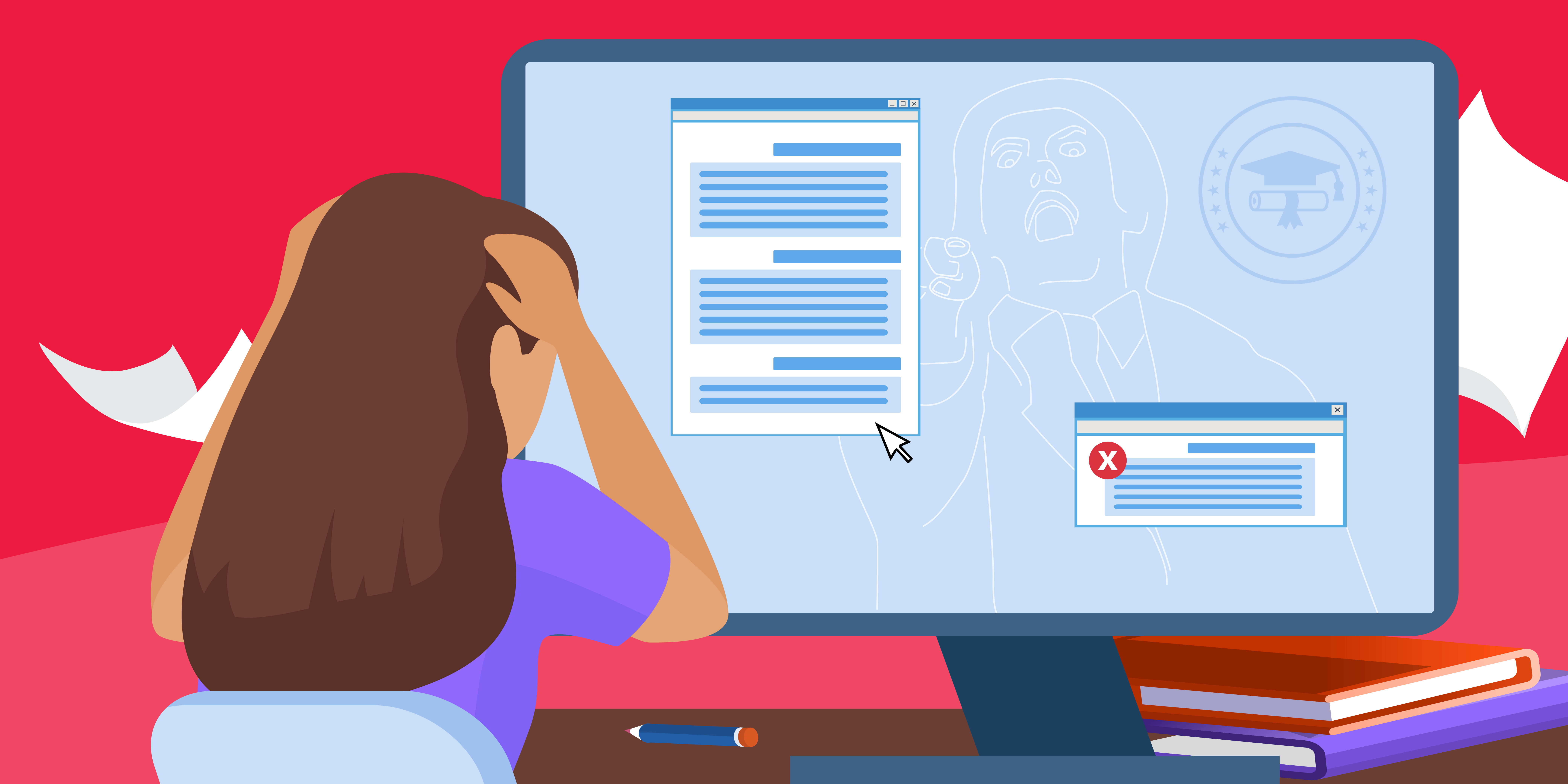 a woman sitting in front of a computer screen