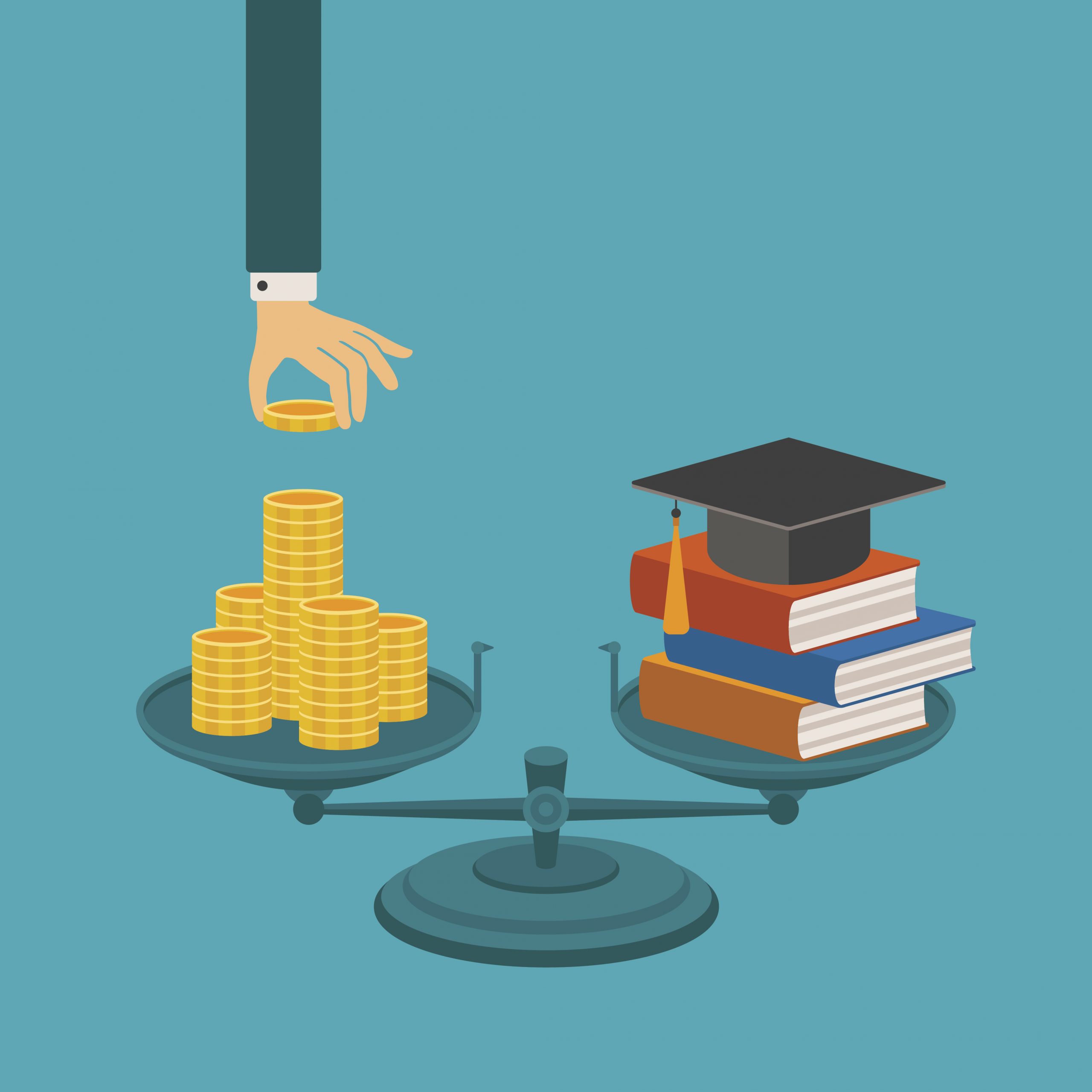 Vector concept of investment in education with coins books and scales