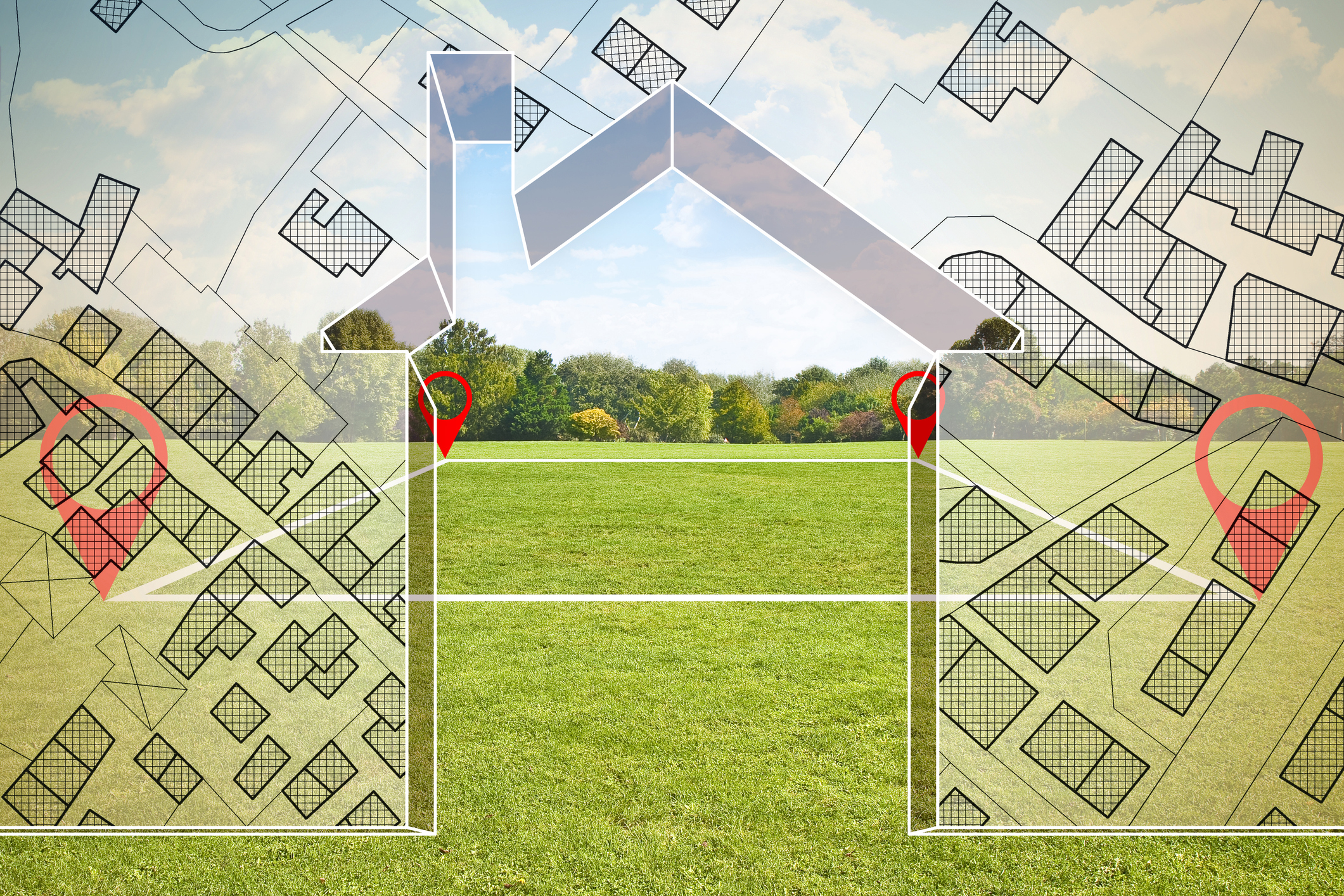Land plot management - Imaginary city map with buildings, land parcels and home silhouette - real estate concept with a vacant land on a green field available for building construction in a residential area for sale
