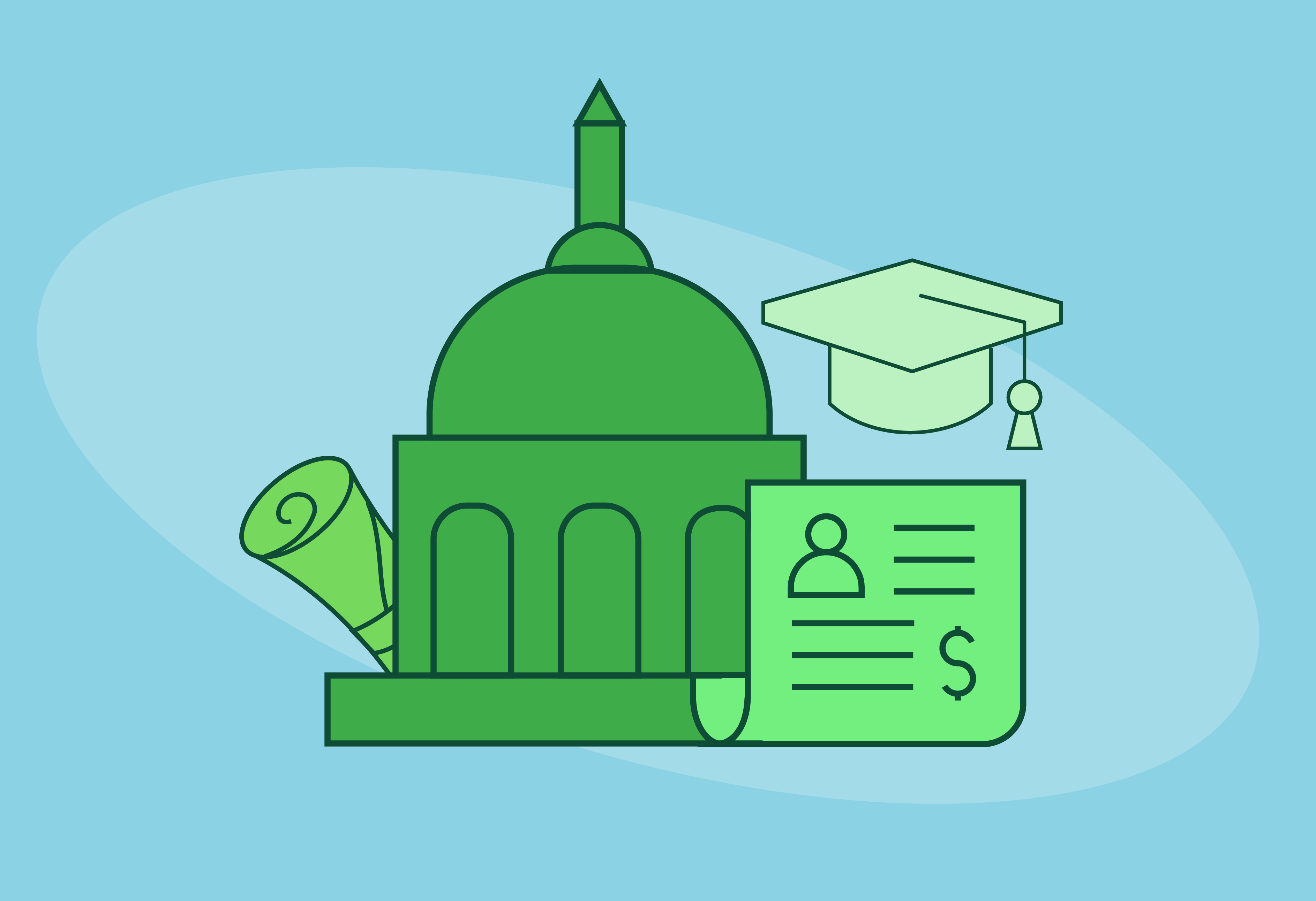 Graphic of goverment institution with a graduation cap, and diploma.