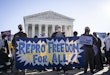 WASHINGTON, DC - NOVEMBER 01: Pro-choice demonstrators rally outside the U.S. Supreme Court on November 01, 2021 in Washington, DC. On Monday, the Supreme Court is hearing arguments in a challenge to the controversial Texas abortion law which bans abortions after 6 weeks. (Photo by Drew Angerer/Getty Images)