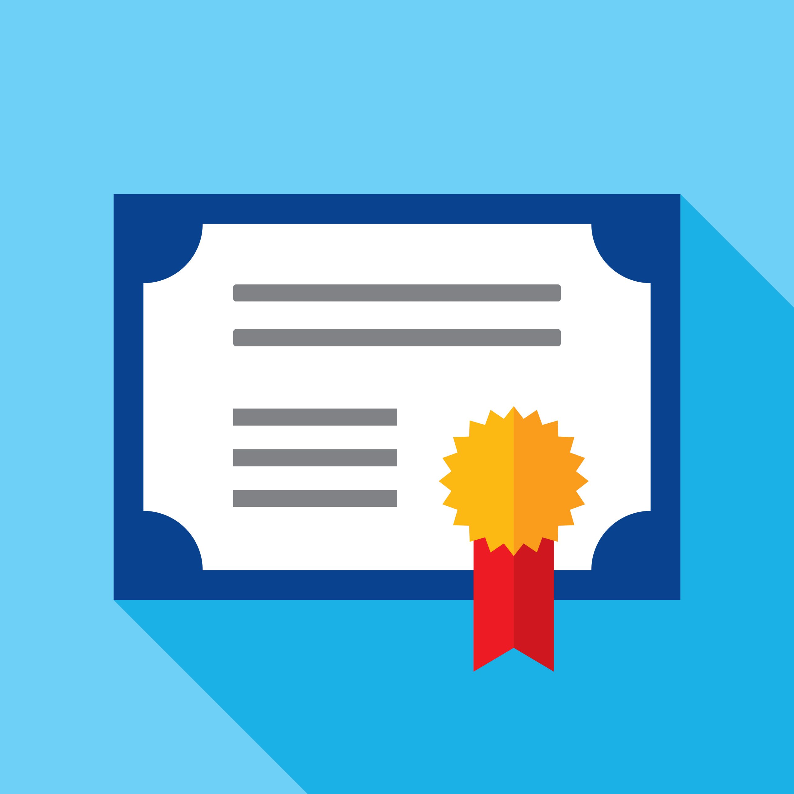 Vector illustration of a certificate against a blue background in flat style.