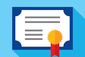 Vector illustration of a certificate against a blue background in flat style.