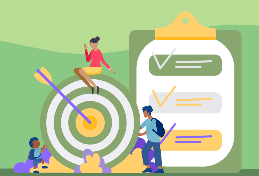 a vector graphic of a dart and target with students around it