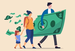 a man and woman walking with a child and money bill
