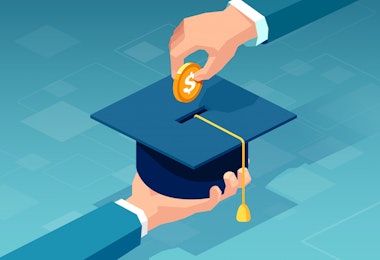 Vector of a man paying for his education making a dollar coin deposit in graduation cap
