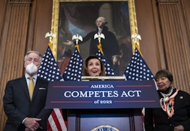 WASHINGTON, DC - FEBRUARY 4: Flanked by Rep. Richard Neal (D-MA) and Rep. Eddie Bernice Johnson (D-TX), Speaker of the House Nancy Pelosi speaks about the COMPETES Act at the U.S. Capitol on February 4, 2022 in Washington, DC. The multibillion-dollar bill is aimed at increasing American competitiveness with China and increasing U.S. semiconductor manufacturing. 
(Photo by Drew Angerer/Getty Images)