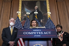 WASHINGTON, DC - FEBRUARY 4: Flanked by Rep. Richard Neal (D-MA) and Rep. Eddie Bernice Johnson (D-TX), Speaker of the House Nancy Pelosi speaks about the COMPETES Act at the U.S. Capitol on February 4, 2022 in Washington, DC. The multibillion-dollar bill is aimed at increasing American competitiveness with China and increasing U.S. semiconductor manufacturing. 
(Photo by Drew Angerer/Getty Images)