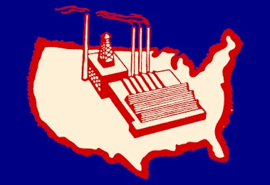 an Illustration of the united states with a giant factory drawn on top of it.