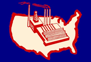 an Illustration of the united states with a giant factory drawn on top of it.
