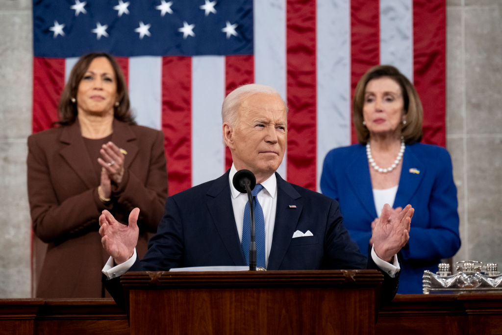 WASHINGTON, DC - MARCH 01: US President Joe Biden delivers the State of the Union address during a joint session of Congress in the U.S. Capitol House Chamber on March 1, 2022 in Washington, DC. During his first State of the Union address, President Joe Biden was expected to speak on his administration’s efforts to lead a global response to the Russian invasion of Ukraine, work to curb inflation, and bring the country out of the COVID-19 pandemic. (Photo by Saul Loeb - Pool/Getty Images)