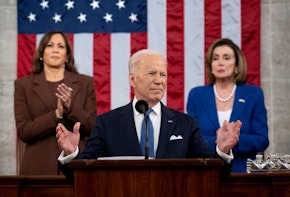 WASHINGTON, DC - MARCH 01: US President Joe Biden delivers the State of the Union address during a joint session of Congress in the U.S. Capitol House Chamber on March 1, 2022 in Washington, DC. During his first State of the Union address, President Joe Biden was expected to speak on his administration’s efforts to lead a global response to the Russian invasion of Ukraine, work to curb inflation, and bring the country out of the COVID-19 pandemic. (Photo by Saul Loeb - Pool/Getty Images)