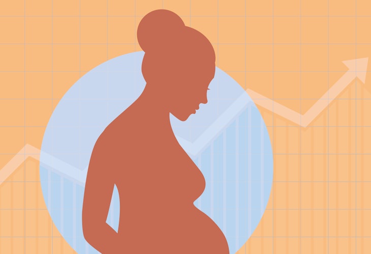 A graphic illustration a pregnant woman in front of an arrow chart