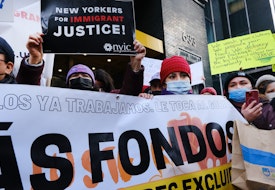 NEW YORK, NEW YORK - DECEMBER 10: Excluded workers, New Yorkers who had been shut out of pandemic-era assistance, march with their community allies to Governor Kathy Hochul’s midtown office on December 10, 2021 in New York City. The workers, most of whom are recent immigrants to America, are demanding an additional $3 billion for the Excluded Workers Fund. The Excluded Workers Fund was set up earlier this year to provide financial support for New Yorkers who had been shut out of pandemic-era assistance including stimulus checks and unemployment insurance. (Photo by Spencer Platt/Getty Images)
