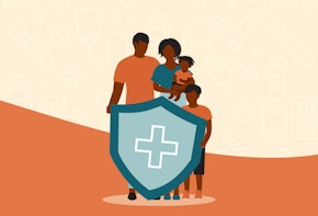 A vector image of a family in front of a red cross shield.