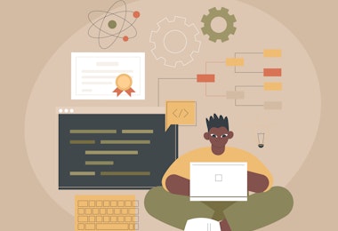 a vector illustration of a boy sitting on his computer while studing for his degree in STEM