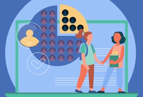 a vector graphic of two girl students holding hands in front of a digital classroom