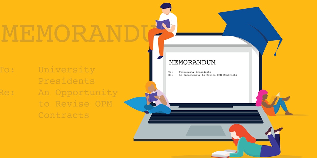 Graphic of a computer displaying a memorandum to university presidents