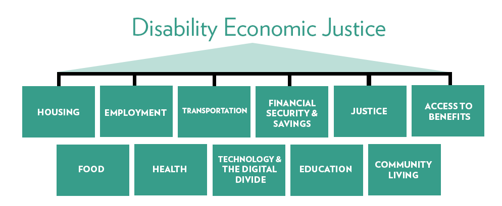 Disability Economic Justice is housing, employment, transportation, financial security & savings, justice, access to benefits, food, health, technology & the digital divide, education and community living.
