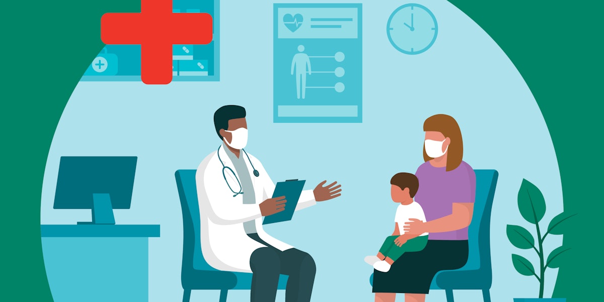 A vector illustration of a doctor in conversation with a mother and child in a doctors office..