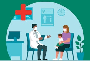 A vector illustration of a doctor in conversation with a mother and child in a doctors office..