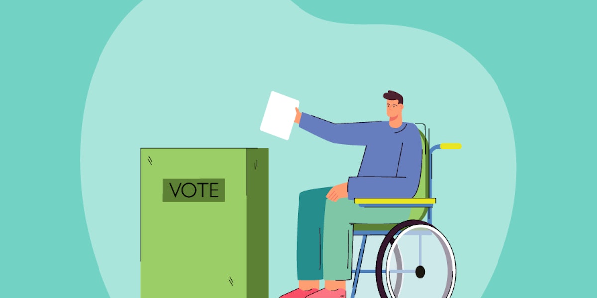 Graphic of a person in a wheelchair submitting a ballot