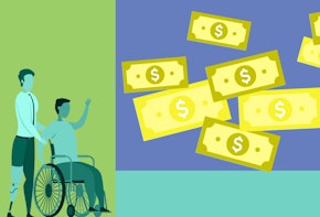 a man in a wheel chair next to a pile of money
