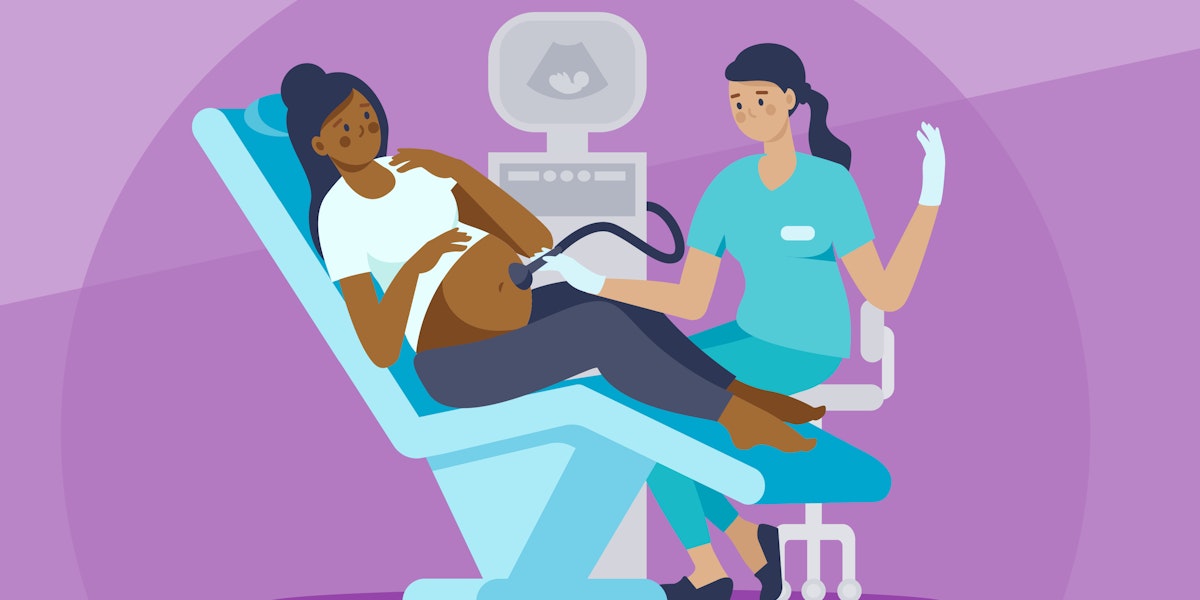 Graphic of a nurse with a pregnant patient. The nurse is using a stethascope to monitor the the patients belly.