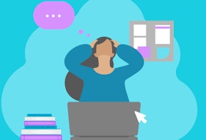 vector illustration of a women thinking in front of a computer