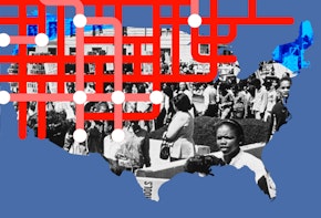The shape of the united states with filled imagery of a segregation demonstation.