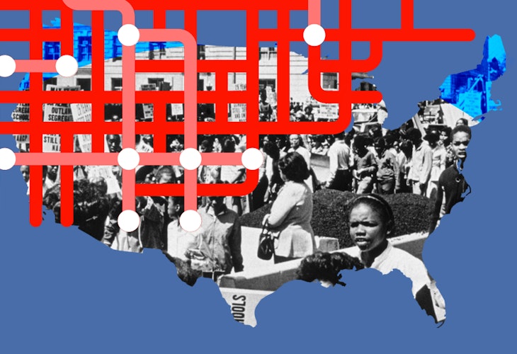 The shape of the united states with filled imagery of a segregation demonstation.
