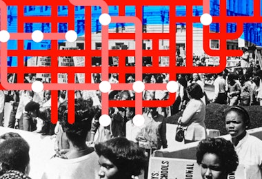 The shape of the united states with filled imagery of a segregation demonstation.