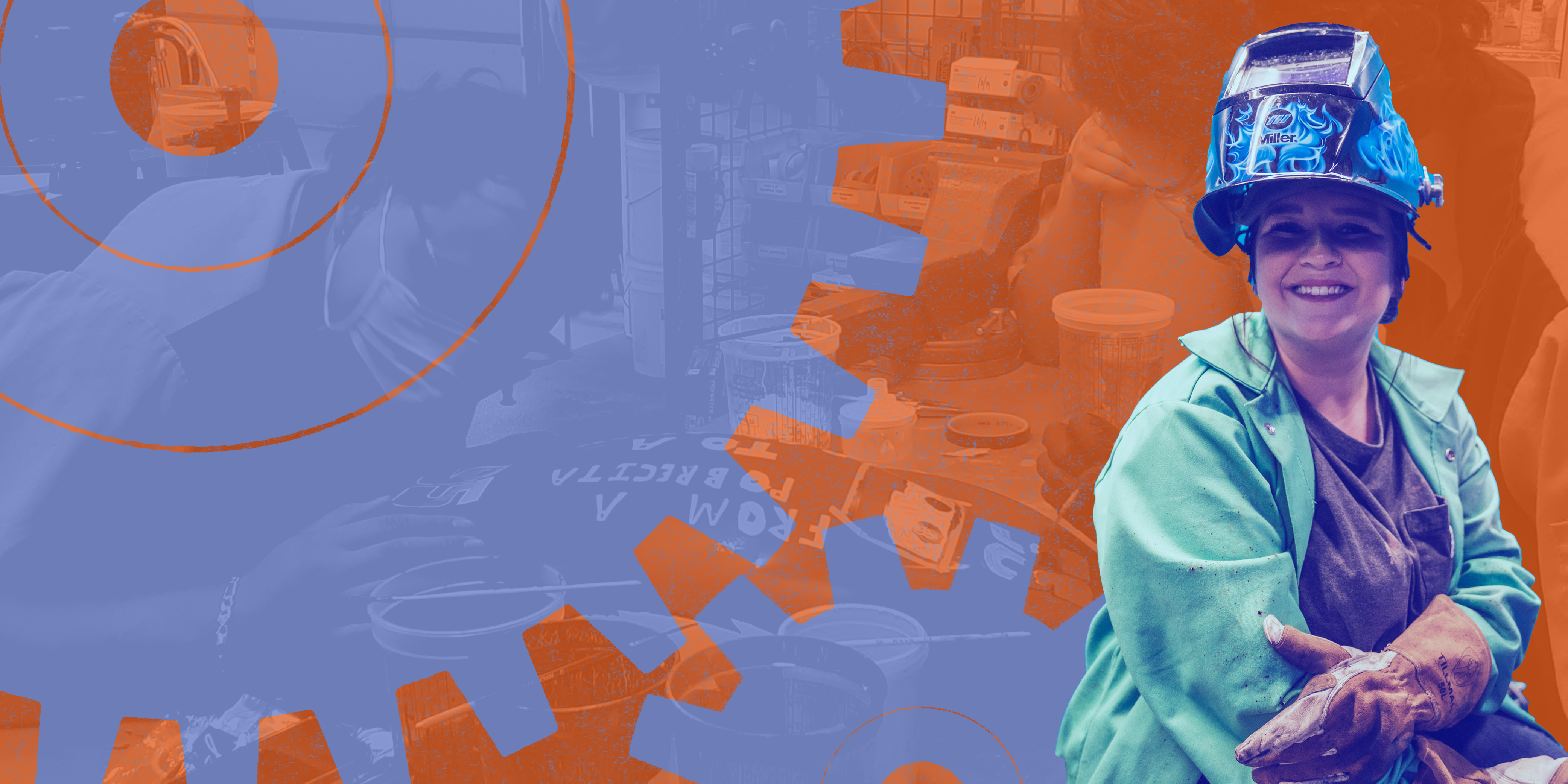 A woman wearing a welding face shield