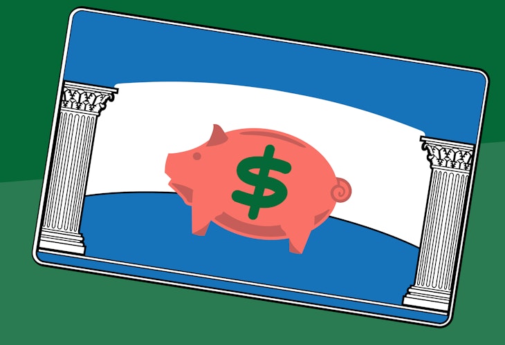 piggybank on blue and white card with greek columns