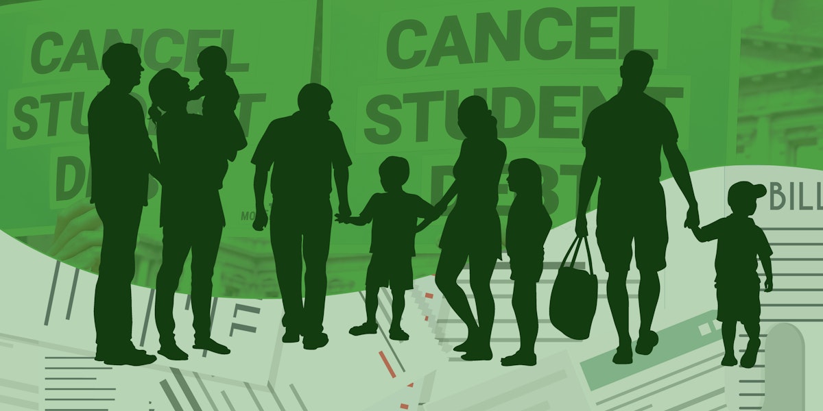 illustration of sihloutte families superimpose over cancel student debt signs