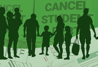 illustration of sihloutte families superimpose over cancel student debt signs